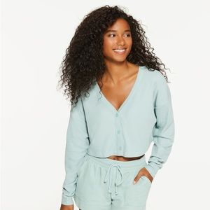 Mint Green Waffle-Knit Cropped Cardigan